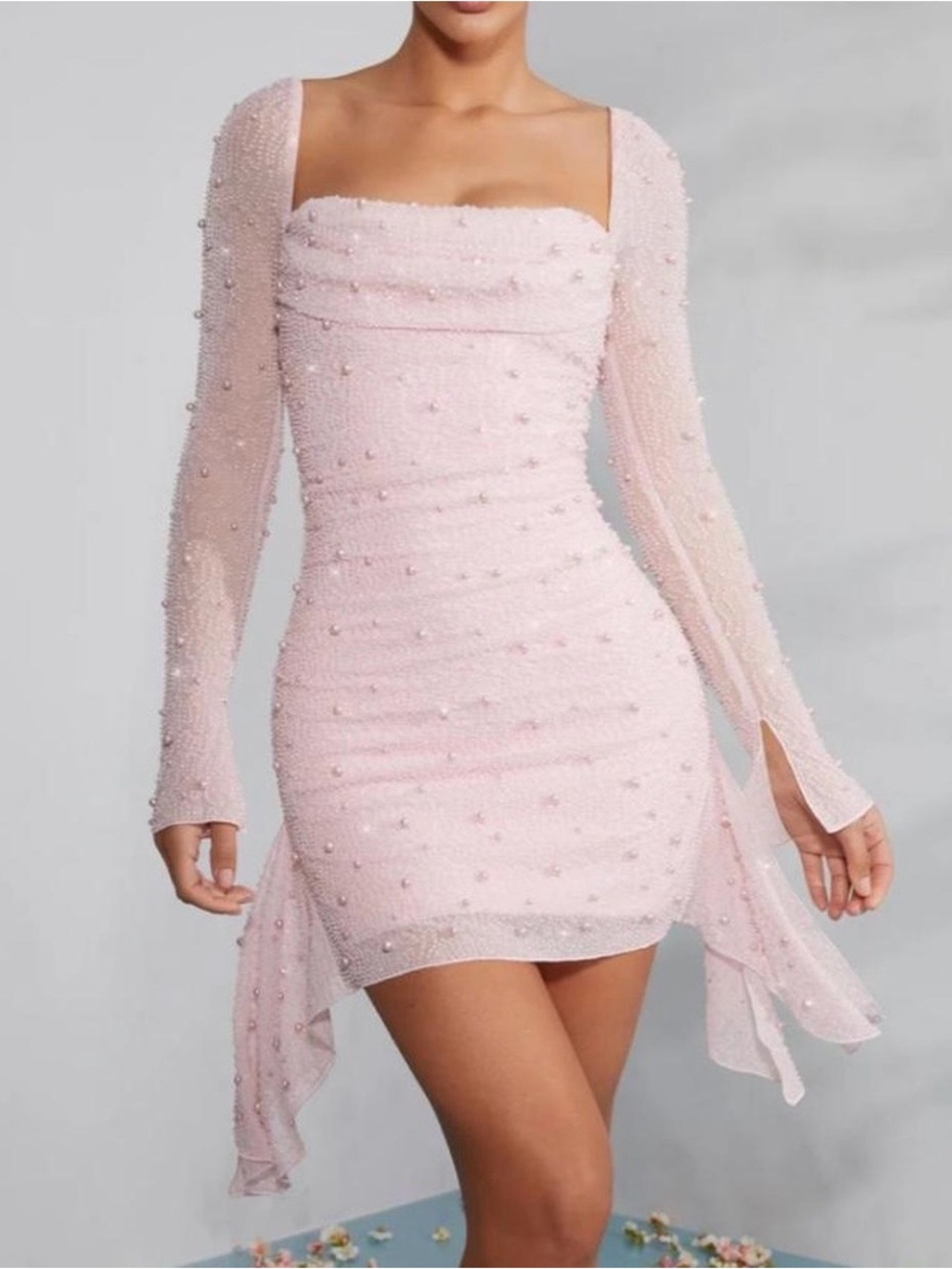 Oh Polly Pale Pink Pearl-Embellished Square-Neck Mini Dress